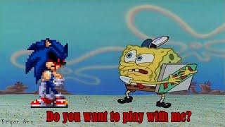 Sonic.EXE trying to get a pizza from Spongebob