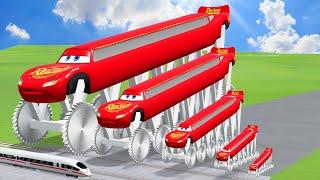 Big & Small Long & Tall Lightning Mcqueen with Saw Wheels vs Trains | BeamNG.Drive