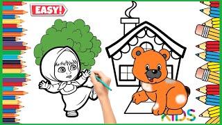 Como desenhar Masha, o urso e uma árvore com uma casa | Desenho fácil passo a passo para crianças