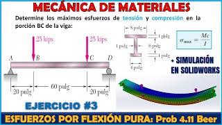 ESFUERZOS POR FLEXIÓN PURA + SIMULACIÓN EN SOLIDWORKS | Problema 4.11 BEER | Mecánica de Materiales