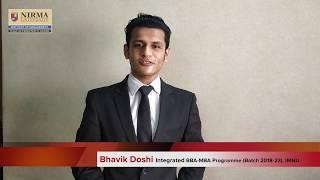 Bhavik Doshi Testimonial | Integrated BBA-MBA Programme | Institute of Management, Nirma University