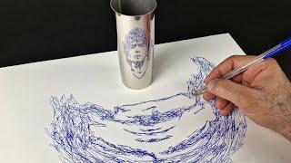 How I Draw Maradona's Face? | Reflection on the Mirrored Cylinder | Anamorphic Art