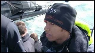 Lewis Hamilton onboard HUGO BOSS in the 2008 Round the Island Race.