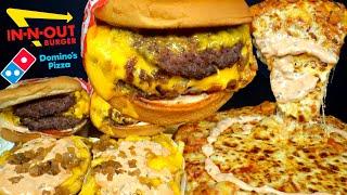 ASMR MUKBANG ANIMAL STYLE IN-N-OUT DOUBLE BURGERS EXTRA CHEESE PIZZA & FRIES | WITH CHEESE & RANCH