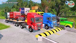 Double Flatbed Trailer Truck vs speed bumps|Busses vs speed bumps|Beamng Drive|1097