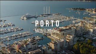 Porto Montenegro marina at sunset. Aerial view, drone footages.