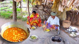 potato curry with mutton and pui shak recipe cooking & eating by our santali grand maa