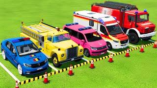 TRANSPORTING POLICE CARS, FIRE DEPARTMENT and AMBULANCE VEHICLES WITH SCANIA TRUCKS ! FS22