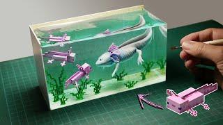 Diorama of MINECRAFT RTX ON/OFF Axolotls in the Aquarium / Polymer Clay / Epoxy Resin