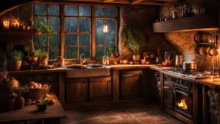 Cozy kitchen ambience cooking sounds with rain thunderstorm and fireplace sounds