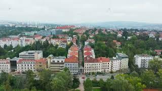 Brno, Czech Republic, seen from above. Parks and green spaces blend with the urban fabric, while