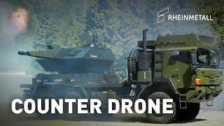 Rheinmetall Air Defence – Skynex truck-mounted engaging drone swarm