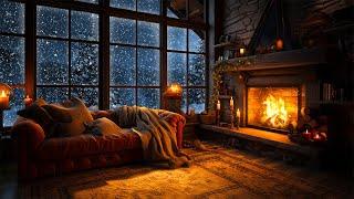 Night Cozy Living Room with Sounds Fireplace and Blizzard | Sleep, rest, study, ASMR