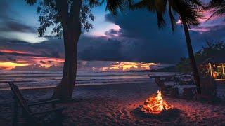 Serenity Beach with Campfire and Ocean Waves Sounds  Relaxation and Meditation