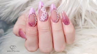 Sculpted fiber gel, almond shape nail extensions. 3d flowers nail art.