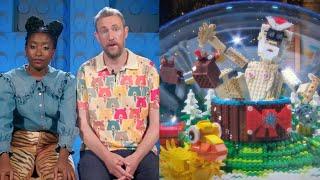 alex horne and sophie duker build greg davies in a hot tub for lego masters while nish kumar watches