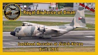 Royal Air Force of Oman Lockheed C130 Hercules taxiing and take off runway 28 at ZRH (with live ATC)