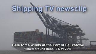 Newsclip: Gale force winds at the Port of Felixstowe, noon, 2 Nov 2019