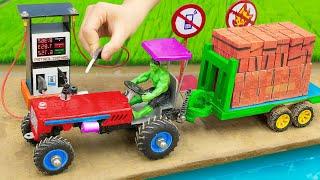 diy tractor mini petrol pump science project | diy tractor BRICKS trolley Load