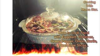 How to cook Tepsi with Eggplant, Potatoes, Green Pepper, Onion, Garlic,  Beef stew Slices & Rice.