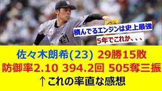 佐々木朗希(23) 29勝15敗 防御率2.10 394.2回 505奪三振←これの率直な感想【ネット反応集】