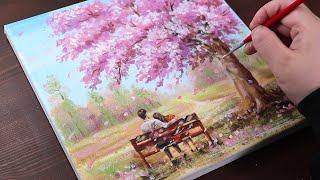 Lovely couple and pink tree / acrylic painting / PaintingTutorial / Step by step / Painting ASMR