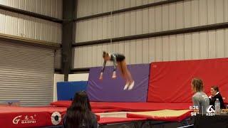 High-flying elite gymnasts take to the air during tumbling competition in SLO