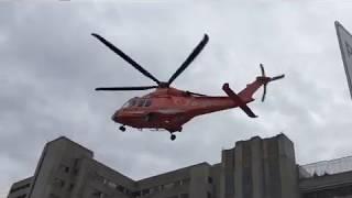 Ornge air ambulance helicopter landing at University Hospital in London, Ontario 11/4/18