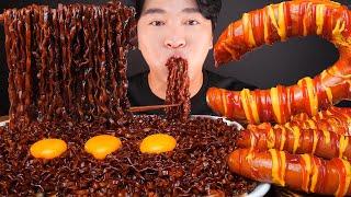 MUKBANG ASMR | BLACK BEAN NOODLES KIELBASA SAUSAGE EGGS EATING SOUNDS 먹방