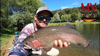 Große Lachsforellen und Goldforellen in der Sommerhitze/Forellen fischen mit Kunstködern/ Trout Area