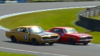 Awesome Valiant RT Charger takes on Chev Camaro Phillip Island Touring Car Action