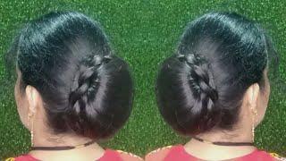 Simple Juda Hairstyle For Saree  ! easy bun hairstyles for long hair ! wedding bun by self! longhair