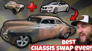 CHOPPED & WIDENED! BEST BUDGET CHASSIS SWAP EVER! 1950 CHEVY ON A PONTIAC GTO FRAME!