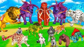 5 Giant Mammoth Elephant Cow Vs 5 Giant Lion Tiger Wolf Attack Buffalo Zebra Saved by Woolly Mammoth