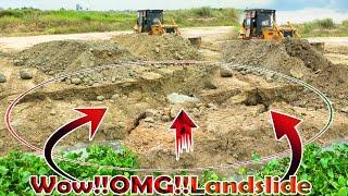 OMG!!!Great Action!! Land Sinking Repairing By Many Dump Trucks And An Old Komatsu Bulldozer