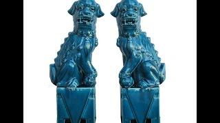 Pair Turquoise Chinese Fen Shui Porcelain Foo Dog Statue Display WK2888