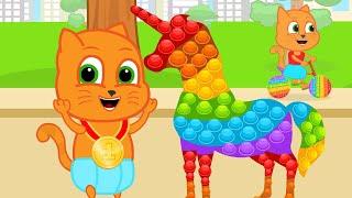 Cats Family in English - Rainbow Pop It Unicorn Cartoon for Kids