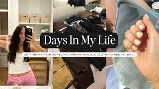 BEAUTY ROUTINE & TRIP PREP: Getting My Hair Done, DIY Chrome Nails, & Clothing Rental Haul