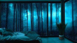 Hard Rain & THUNDER in a Cozy Bedroom with a Blue Forest Background-Rain Sounds for Sleeping