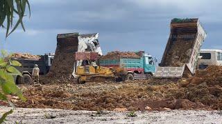 Incredible Heavy duty Big Komatsu D65P Bulldozer Pushing dirt and 5ton Truck unloading dirt