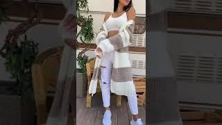 Вязаный кардиган в широкую полосу с разрезами по бокам