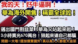 我的天！好牛逼啊！華為海外開售！稱霸全球拉！邁出國門割韭菜！華為又站起來啦！3小時賣光670萬台！根本不夠賣！佩服啊！佩服啊！狠起來連自己都騙！二折疊爆出問題一大堆！還加價賣國外！真以為人人都是大韭菜