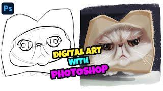 CUTE CAT !  MY COMPLETE DIGITAL PAINTING PROCESS IN PHOTOSHOP