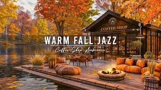 Smooth Jazz Background Music Lakeside Cafe Porch Ambience ~ Warm Fall Jazz Music & Fireplace Sounds