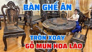 Bộ bàn ghế ăn tròn xoay gỗ Mun hoa Lào