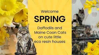 #40 Spring daffodils, Maine Coon cats and little eco pour houses with Mod Podge image transfer