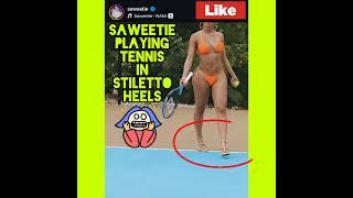  Saweetie Wearing Stiletto Heels While Playing Tennis in a Orange Bikini