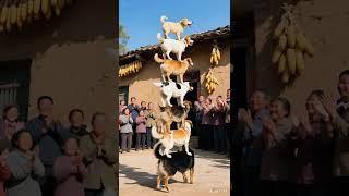 Eight dogs are stacked layer by layer. The dog at the bottom is really amazing
