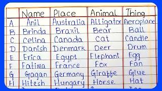 Name Place Animal Thing A - Z | name place animal thing all letters