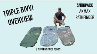 Triple Bivvi Bag overview from 3 different brands: Snugpack, Akmax, and pathfinder